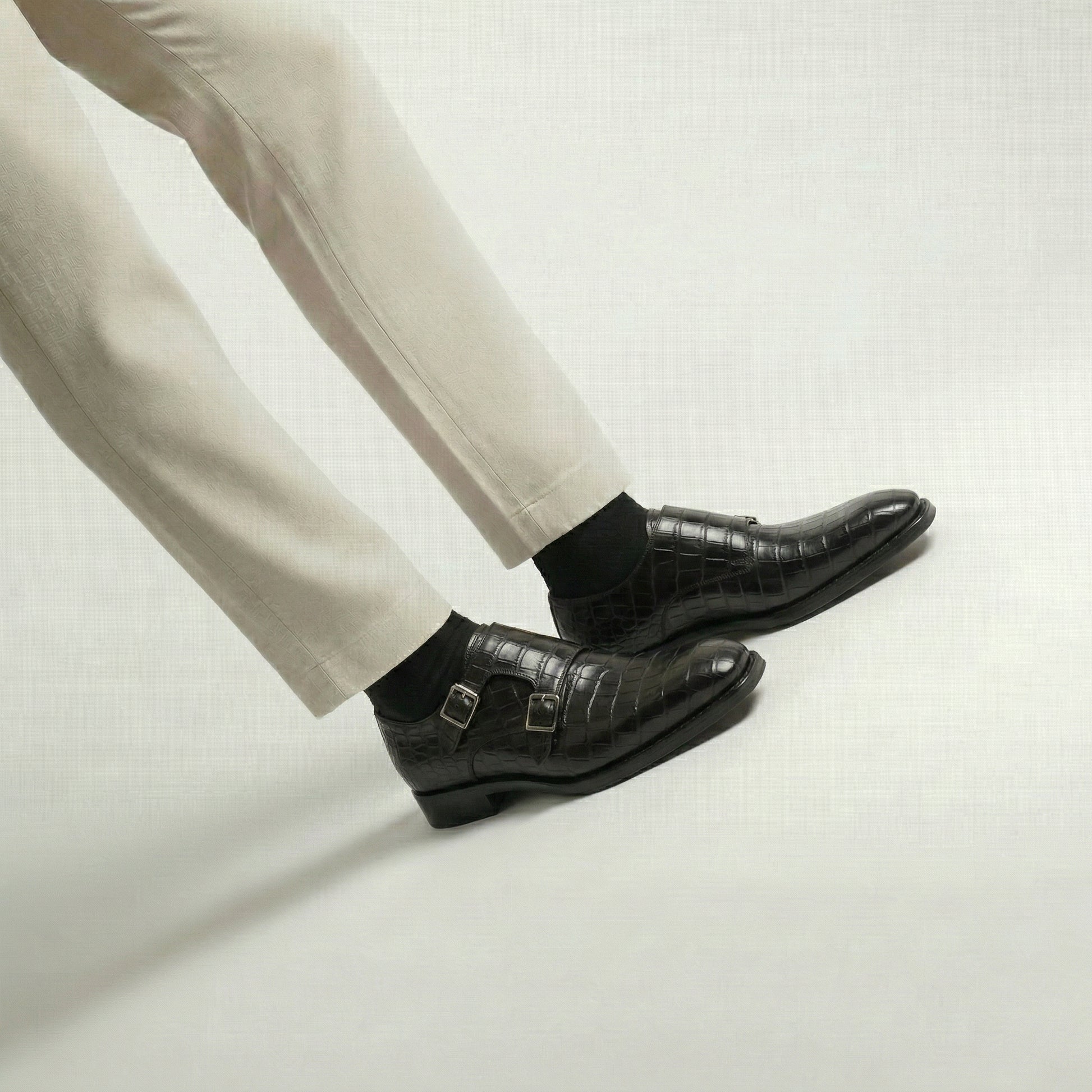 Black Croc Print Leather Lucente Double Monk Strap Shoe