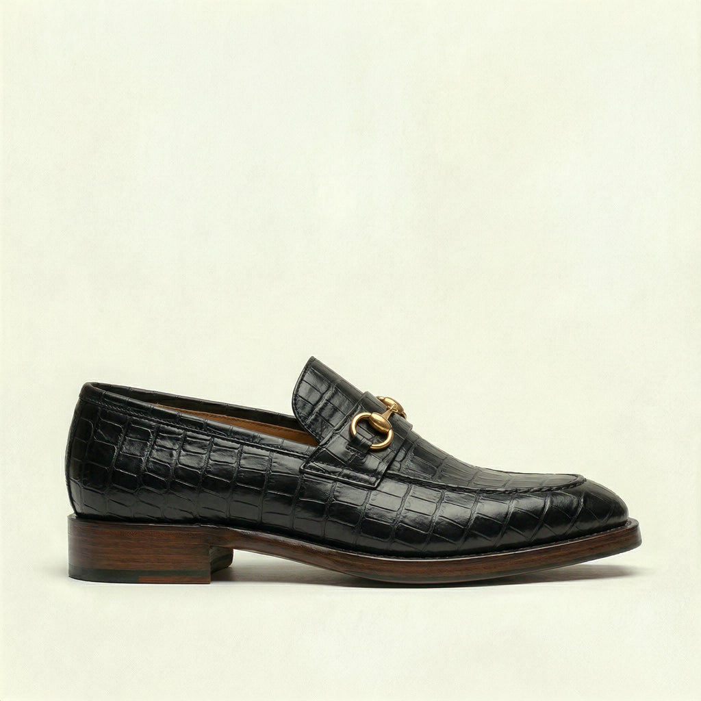 Black Croc Print Leather Lucente Horse Bit Loafer