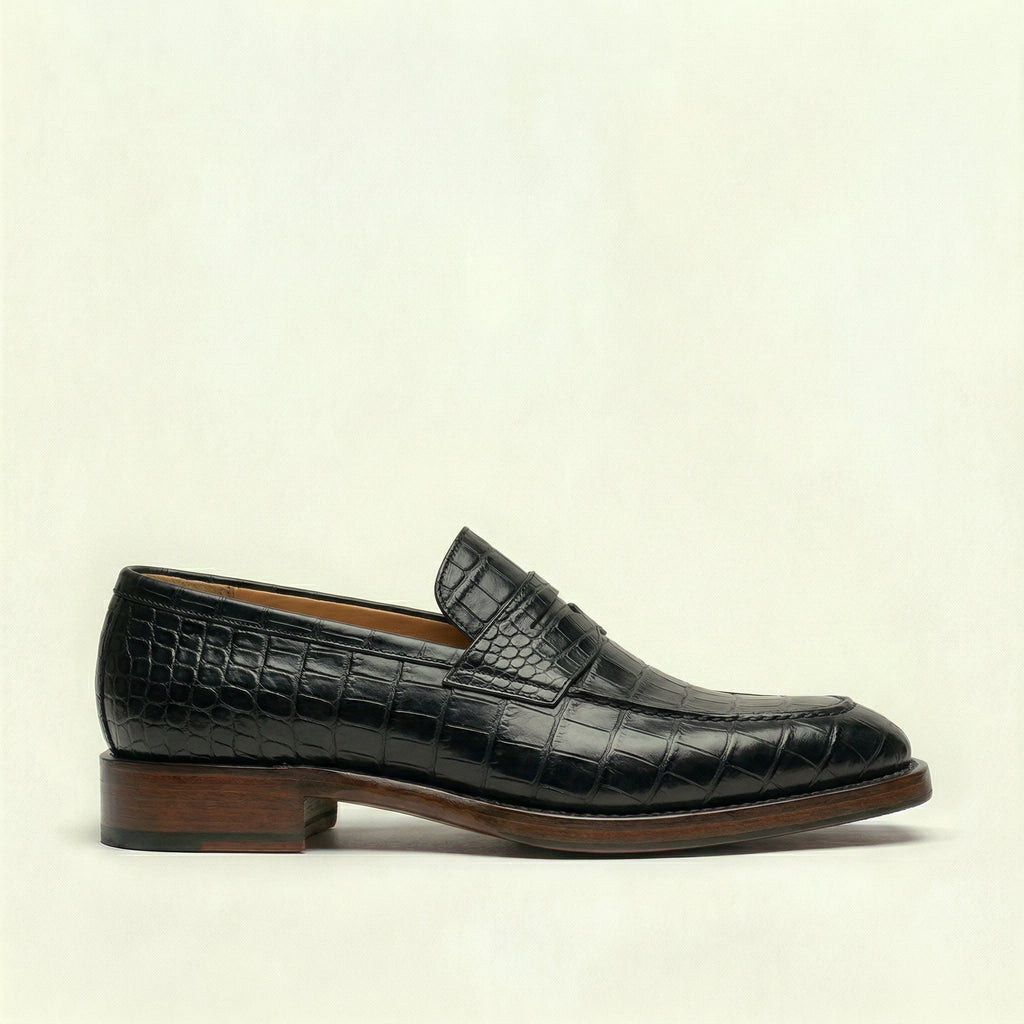 Black Croc Print Leather Lucente Penny Loafer Shoes