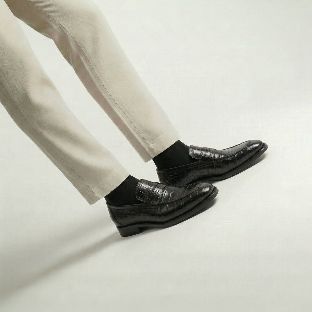 Black Croc Print Leather Lucente Penny Loafer Shoes
