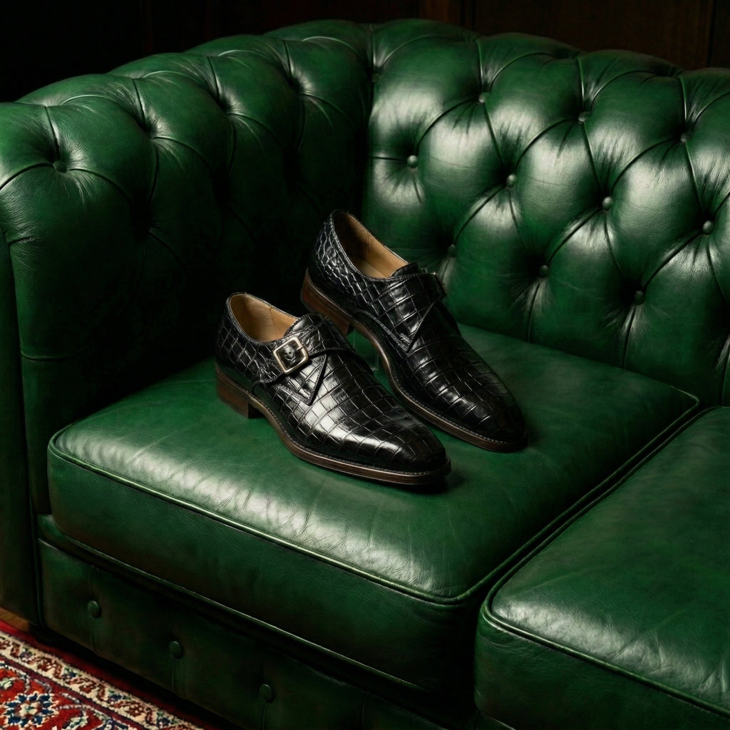 Black Croc Print Leather Lucente Single Monk Strap Shoes