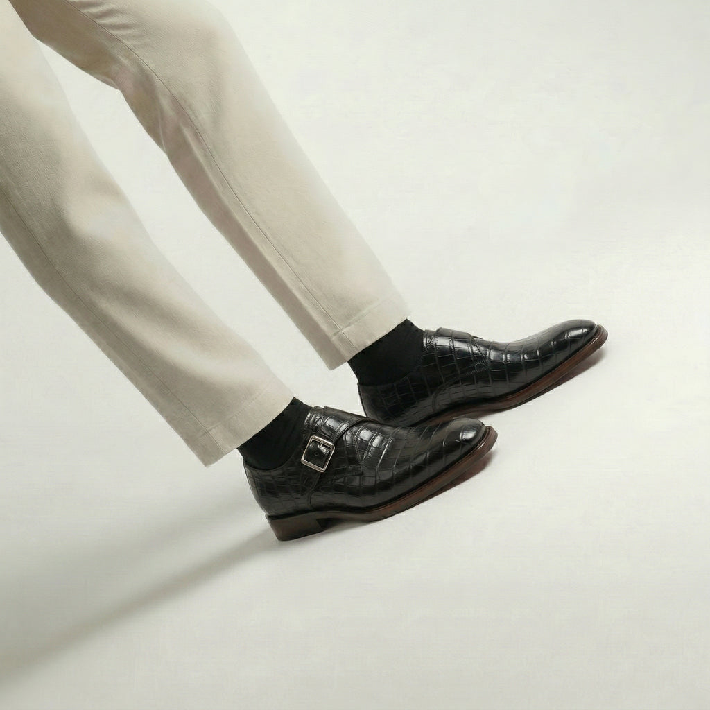 Black Croc Print Leather Lucente Single Monk Strap Shoes