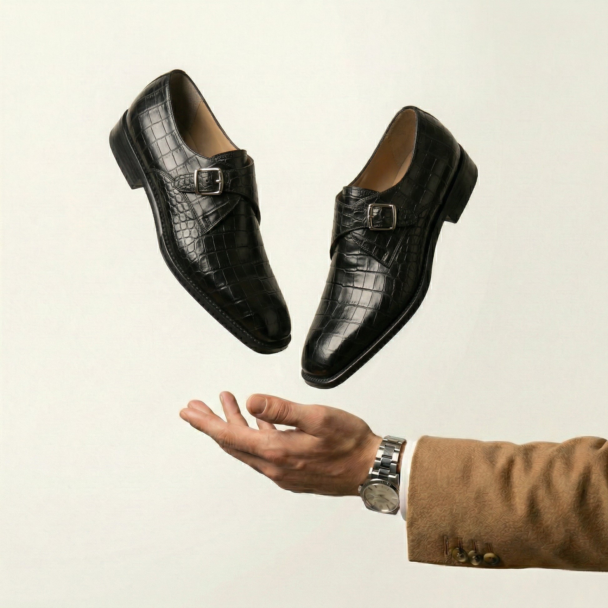 Black Croc Print Leather Lucente Single Monk Strap Shoes