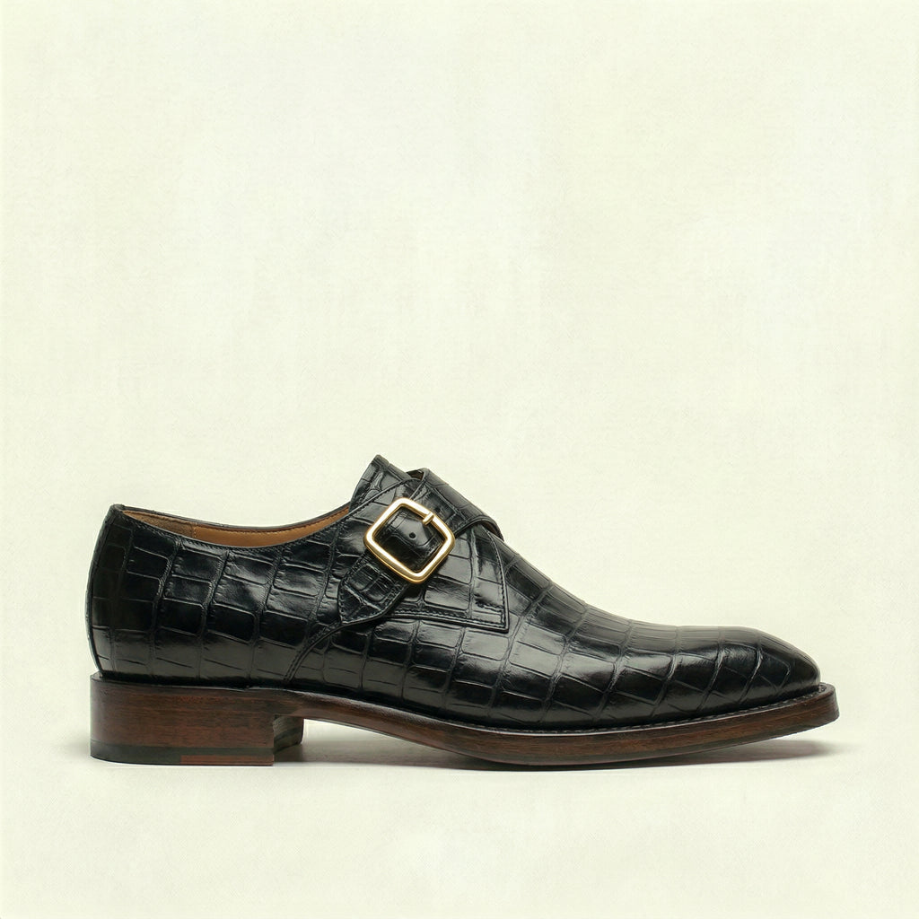 Black Croc Print Leather Lucente Single Monk Strap Shoes