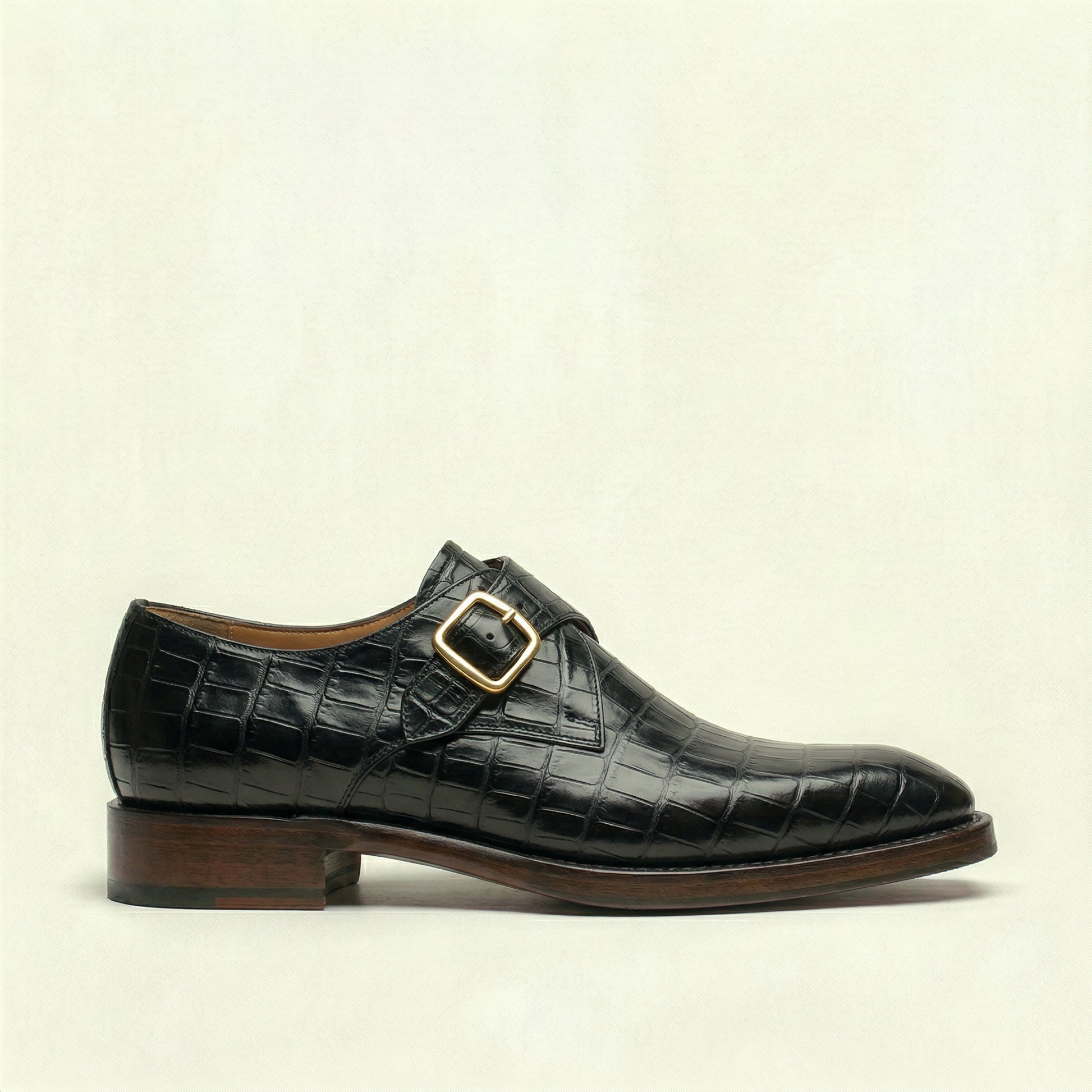 Black Croc Print Leather Lucente Single Monk Strap Shoes