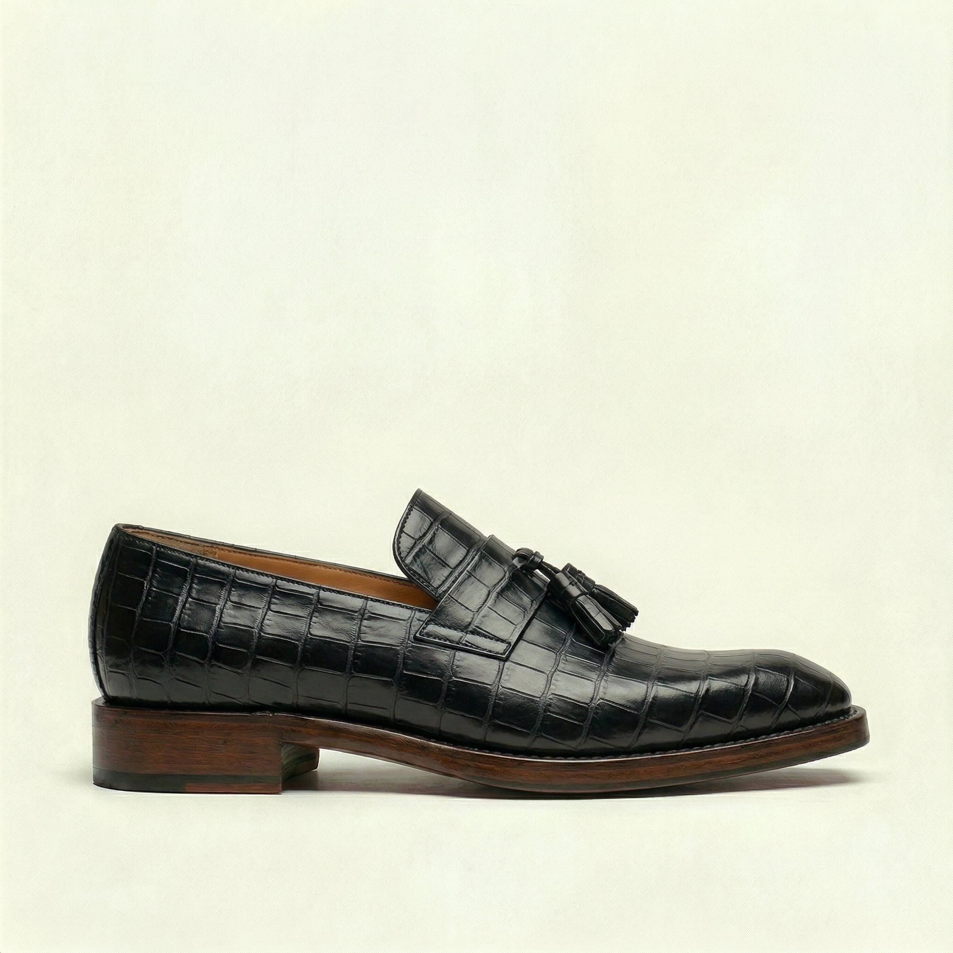 Black Croc Print Leather Lucente Tassel Loafers