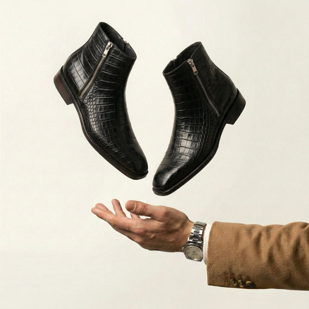 Black Croc Print Leather Lucente Zipper Boots