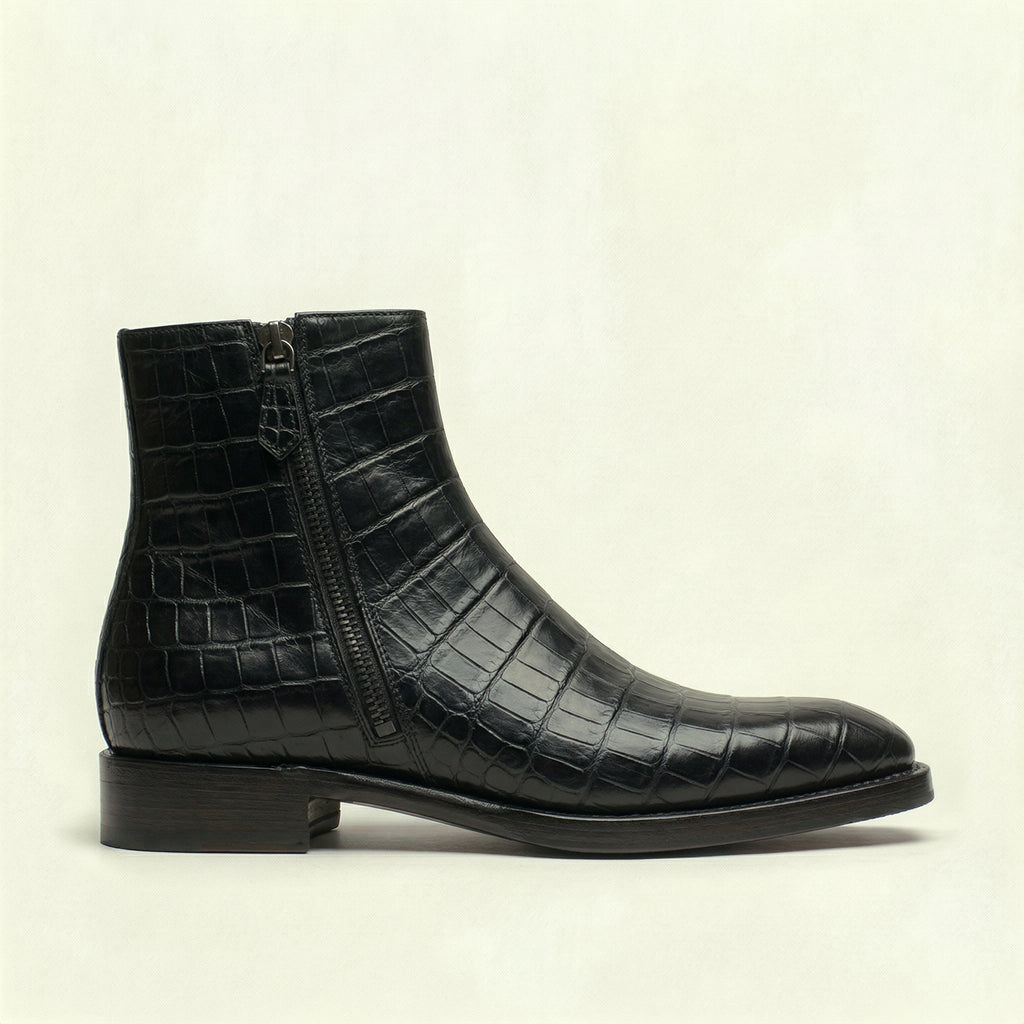 Black Croc Print Leather Lucente Zipper Boots