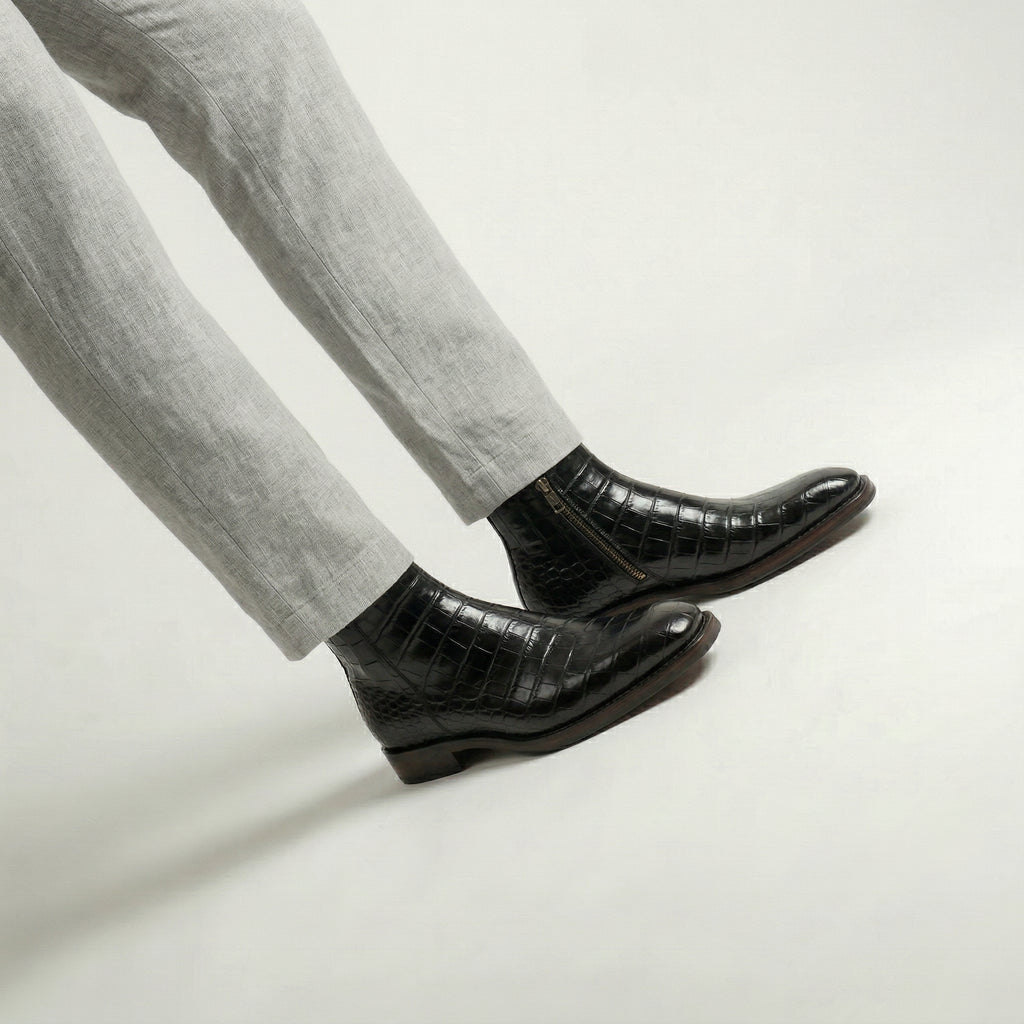 Black Croc Print Leather Lucente Zipper Boots