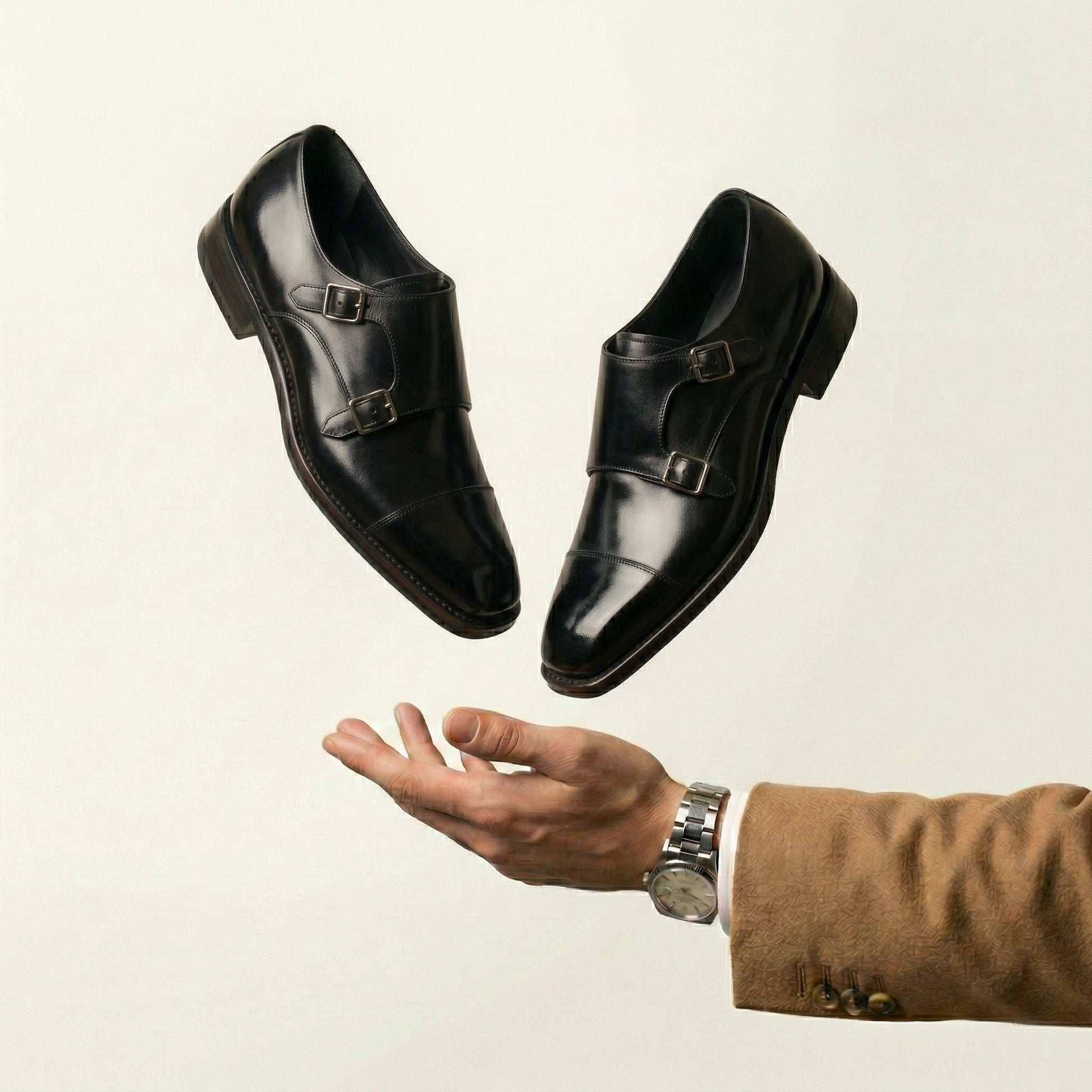 Black Leather Lucente Double Monk Strap Shoe