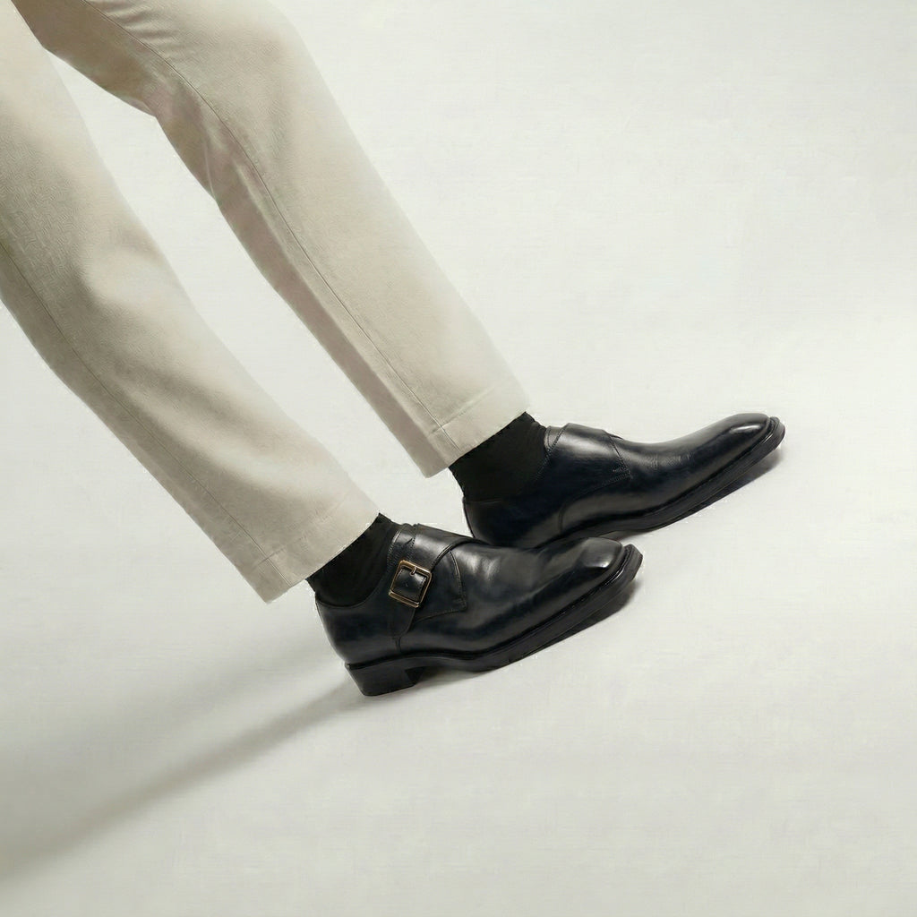 Black Leather Lucente Single Monk Strap Shoes