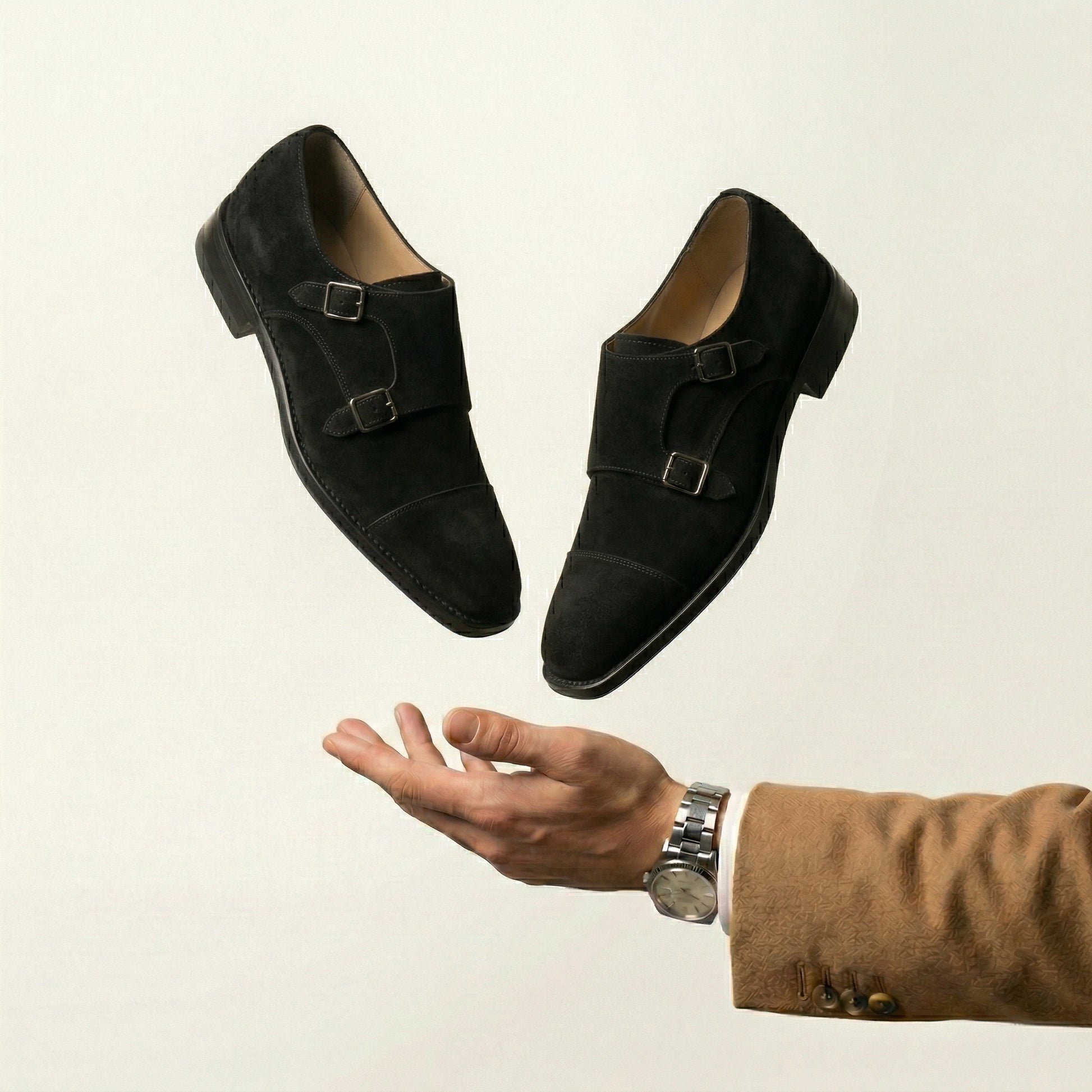 Black Suede Lucente Double Monk Strap Shoe