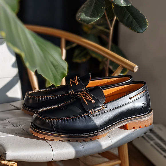 Black Giuseppe Boat Shoes with Honey Soles