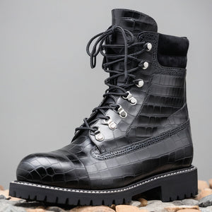 Black Croc Print Leather Abbraccio Mid Calf Rugged Lace Up Combat Hiking Boots with Chunky Track Sole