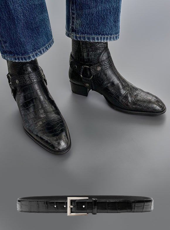 Gift for Him - Artisan Black Croc Print Leather Oxford and Belt Combo from Costoso Italiano
