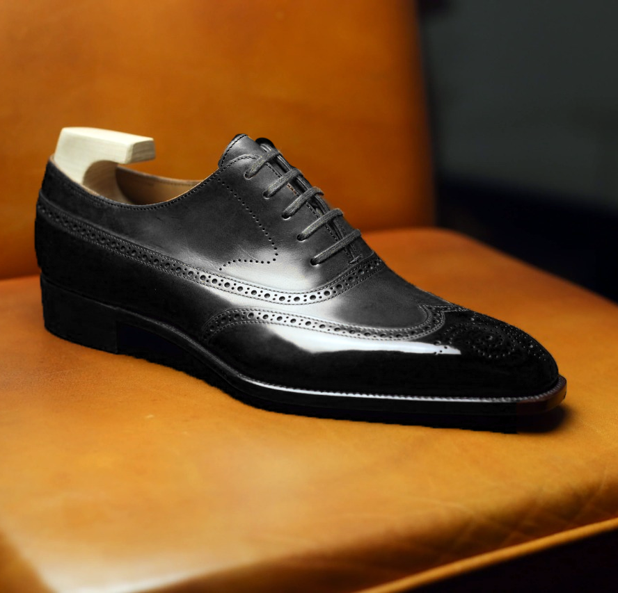 Black Italian Leather Cedara Brogue Wingtip Oxfords
