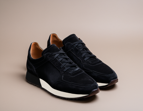 Black Suede Leather Nausori Lace Up Running Sneaker Shoes