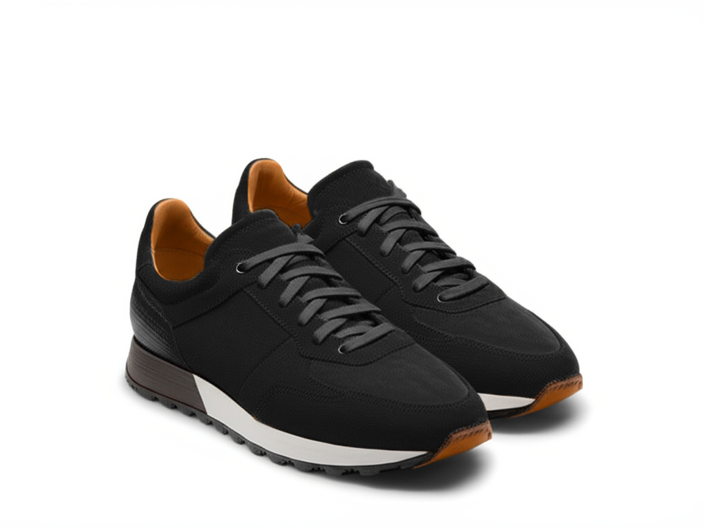 Black Suede Leather Nausori Lace Up Running Sneaker Shoes