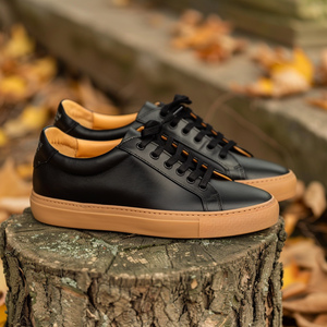 Black Leather Raffaele Lace-Up Sneakers With Honey Colour Sole