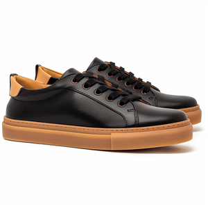 Black Leather Raimondo Lace-Up Sneakers With Honey Colour Sole