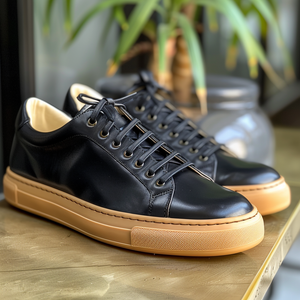 Black Leather Raniero Lace-Up Sneakers With Honey Colour Sole