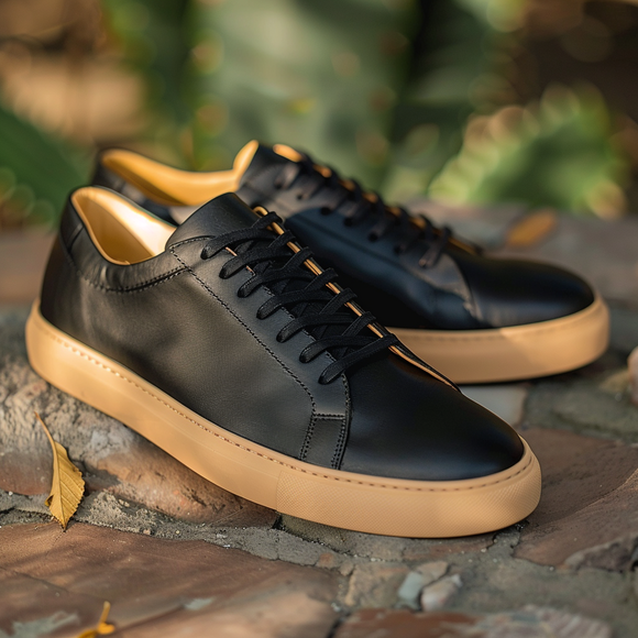 Black Leather Remigio Lace-Up Sneakers With Honey Colour Sole