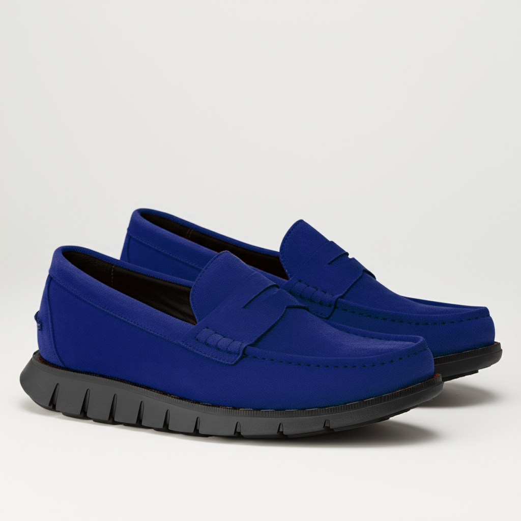 Blue Suede Leather Evarado Penny Loafers with Black Hybrid Sole - SS23