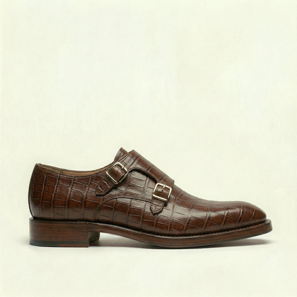 Brown Croc Print Leather Lucente Double Monk Strap Shoe