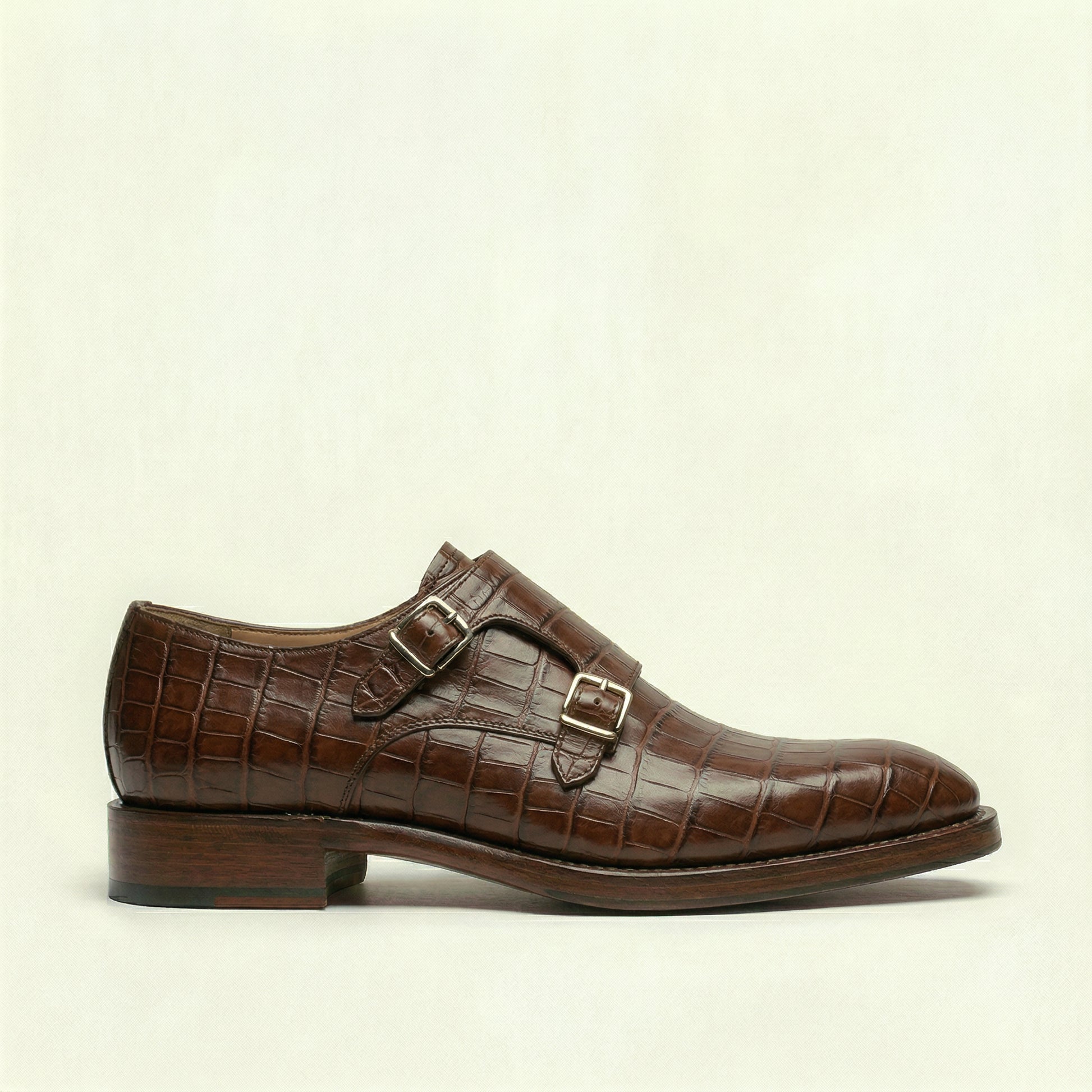 Brown Croc Print Leather Lucente Double Monk Strap Shoe