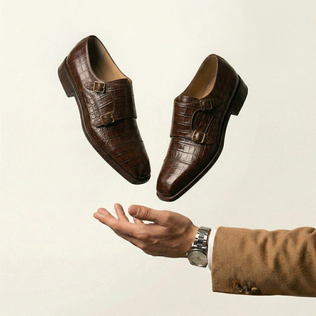 Brown Croc Print Leather Lucente Double Monk Strap Shoe