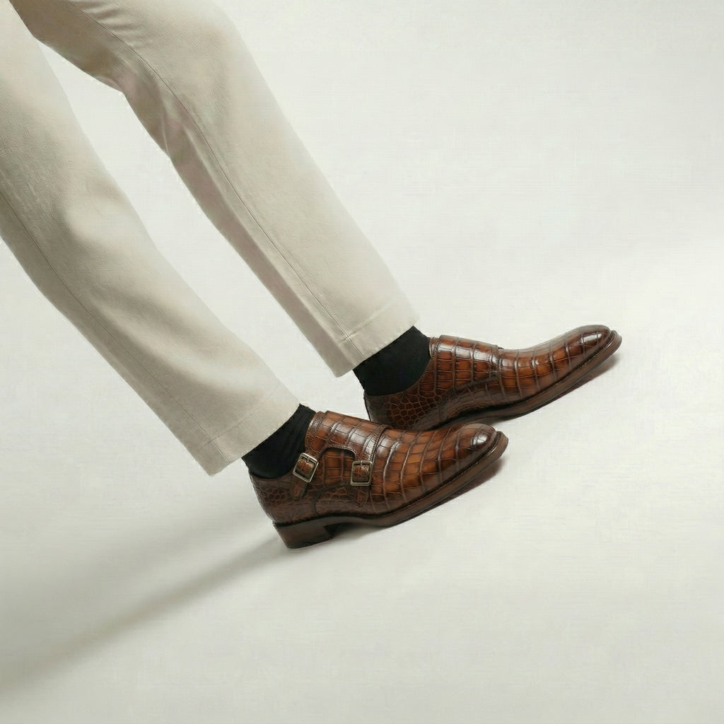 Brown Croc Print Leather Lucente Double Monk Strap Shoe