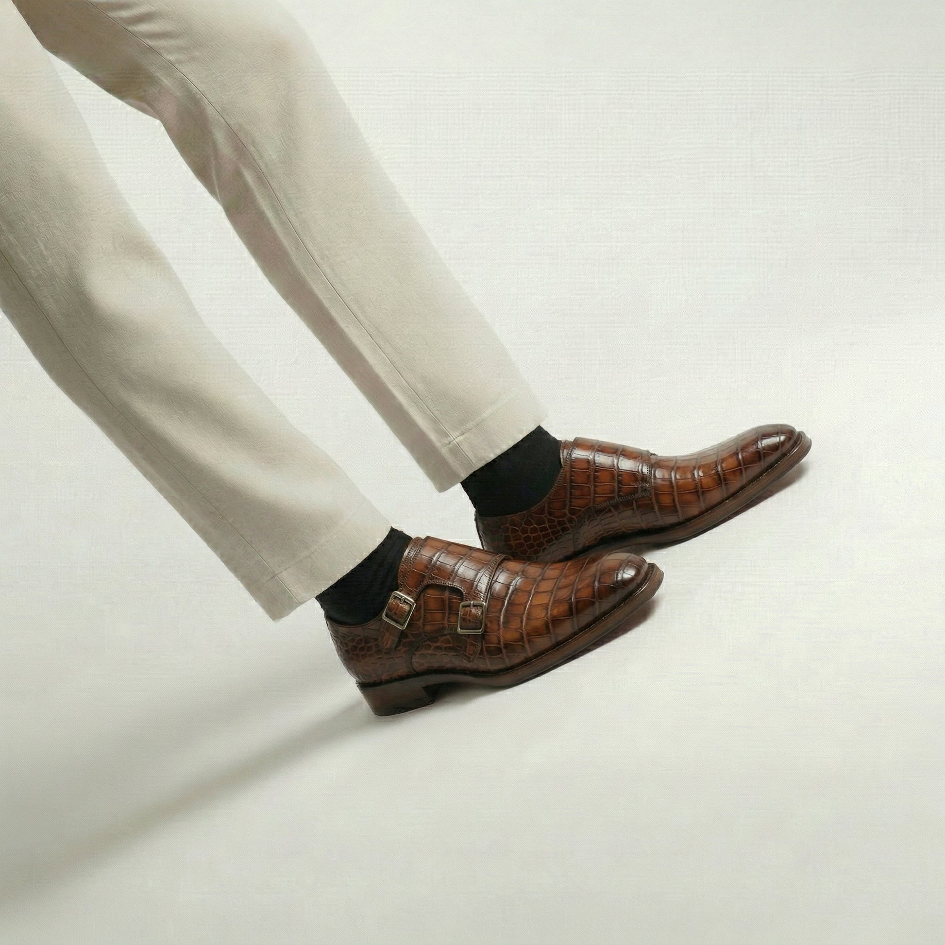 Brown Croc Print Leather Lucente Double Monk Strap Shoe