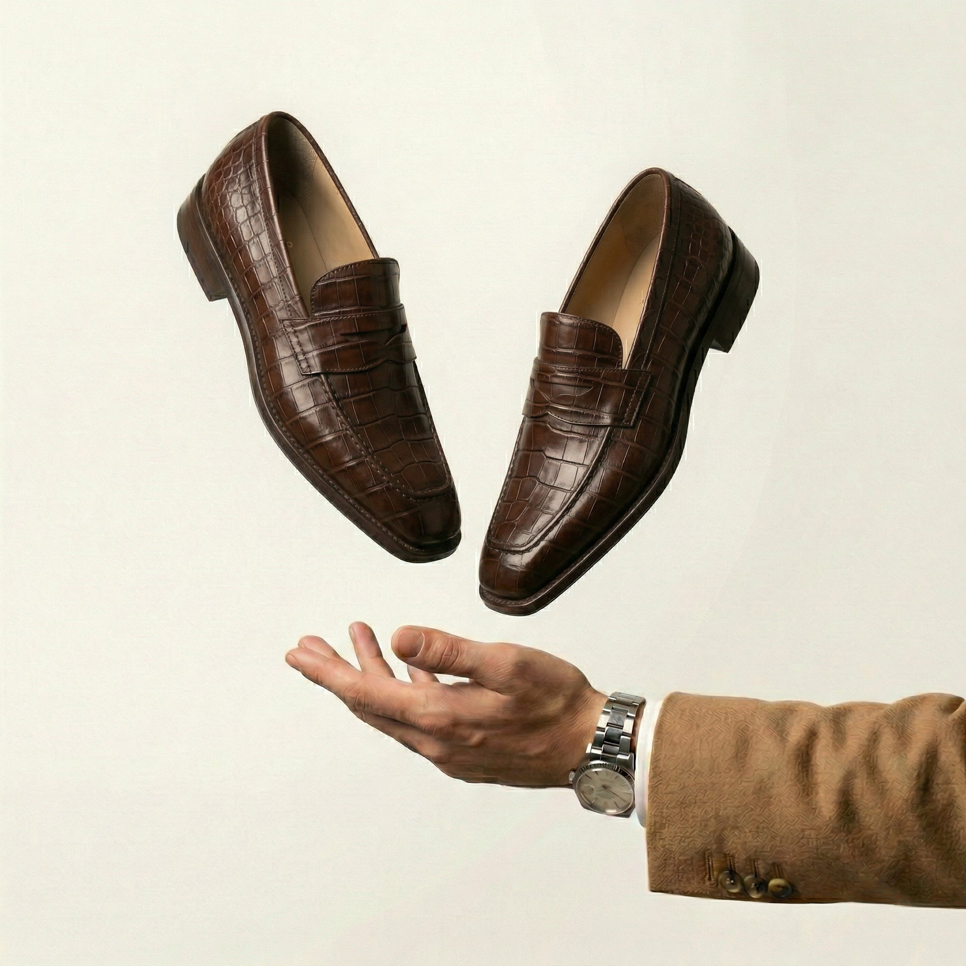 Brown Croc Print Leather Lucente Penny Loafer Shoes