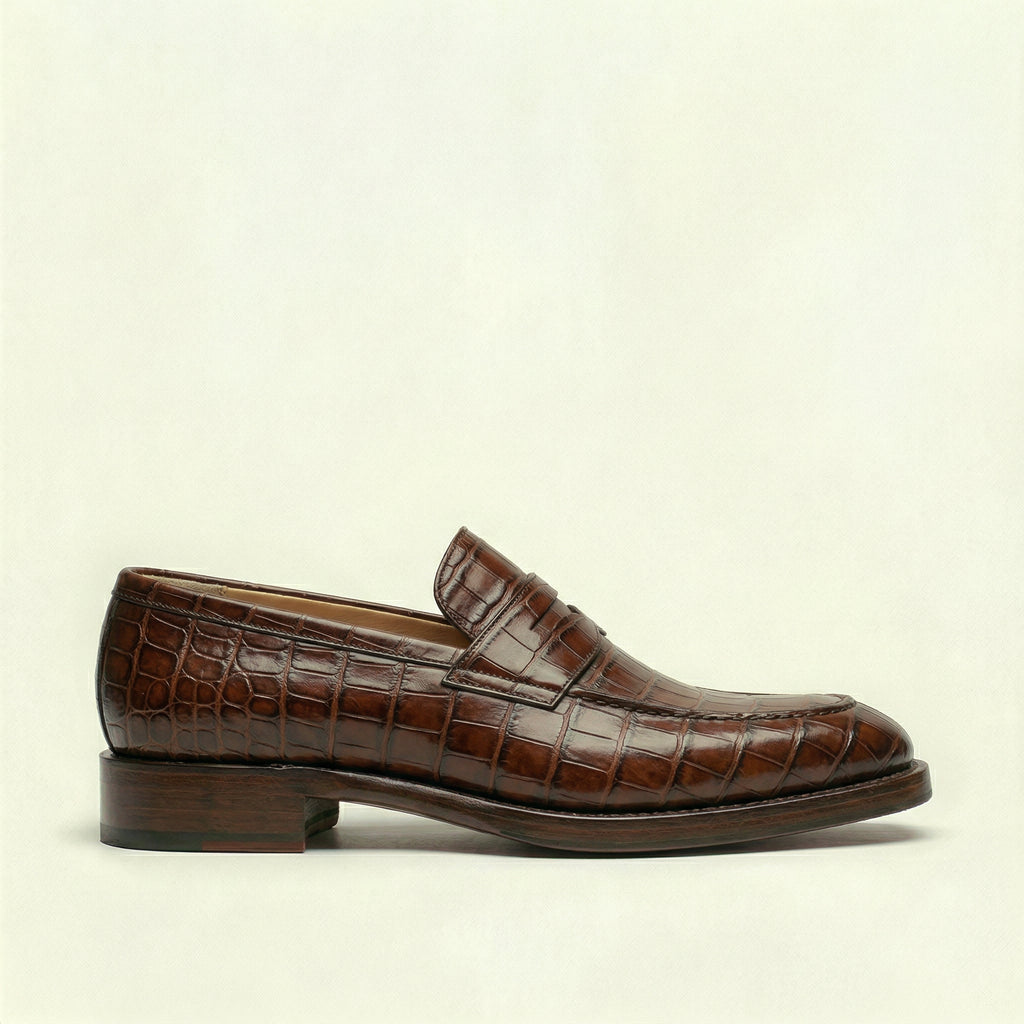 Brown Croc Print Leather Lucente Penny Loafer Shoes