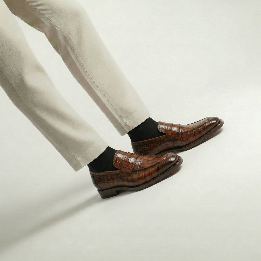 Brown Croc Print Leather Lucente Penny Loafer Shoes
