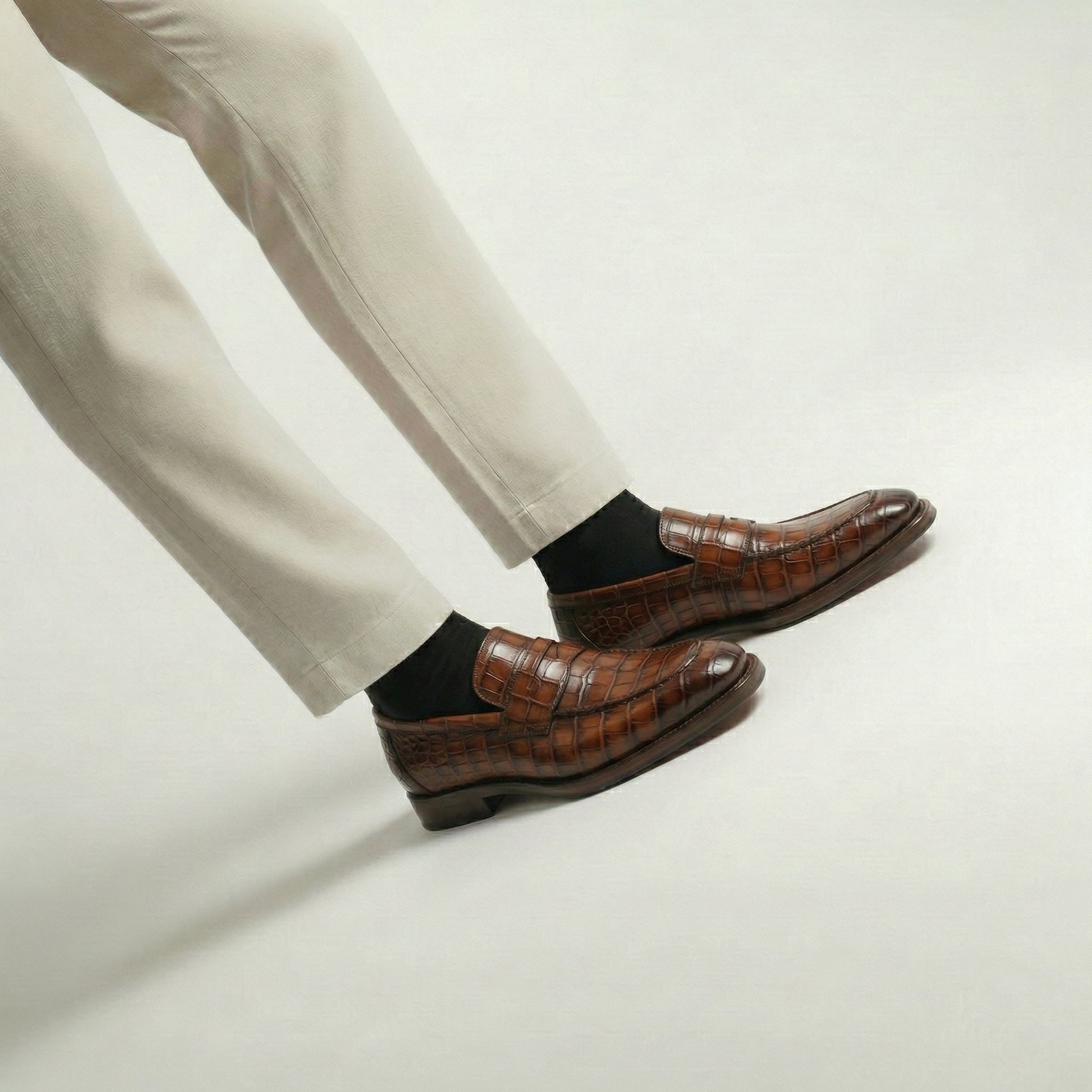 Brown Croc Print Leather Lucente Penny Loafer Shoes