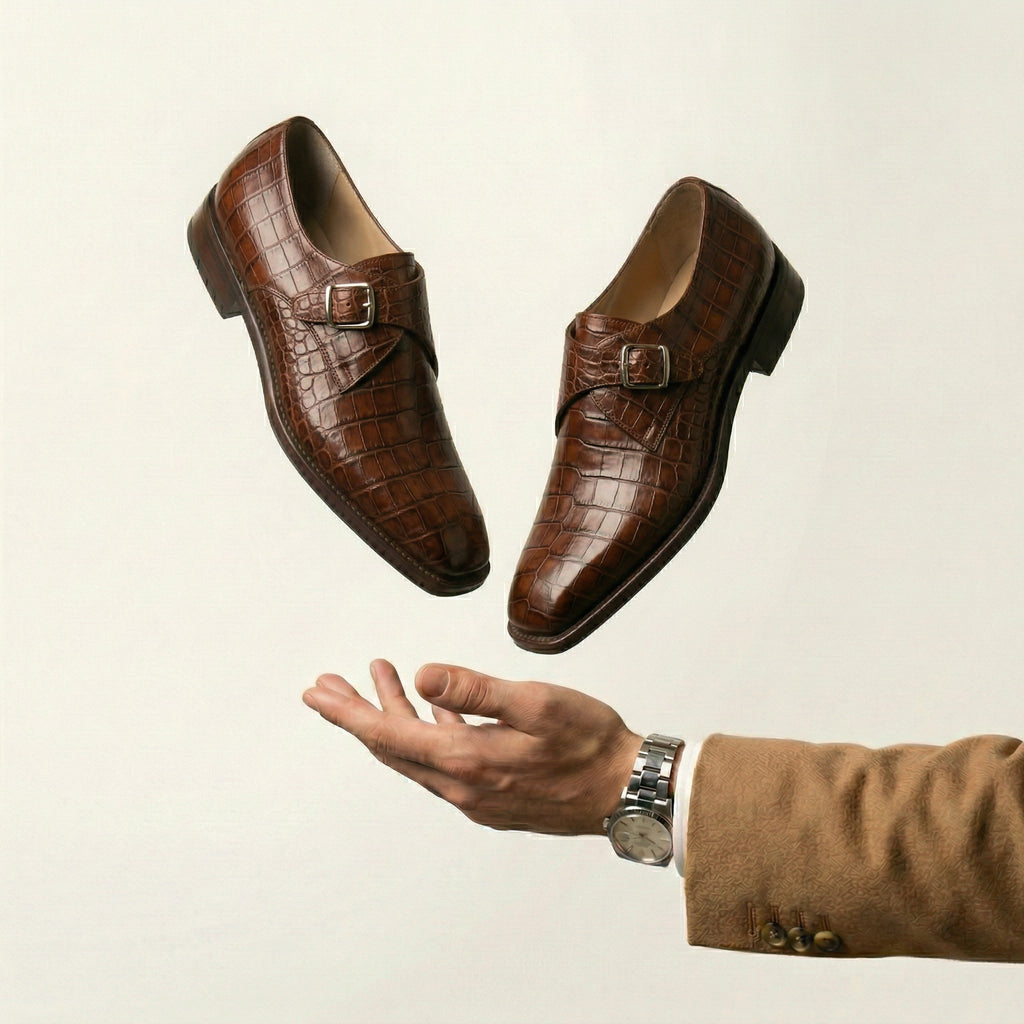 Brown Croc Print Leather Lucente Single Monk Strap Shoes