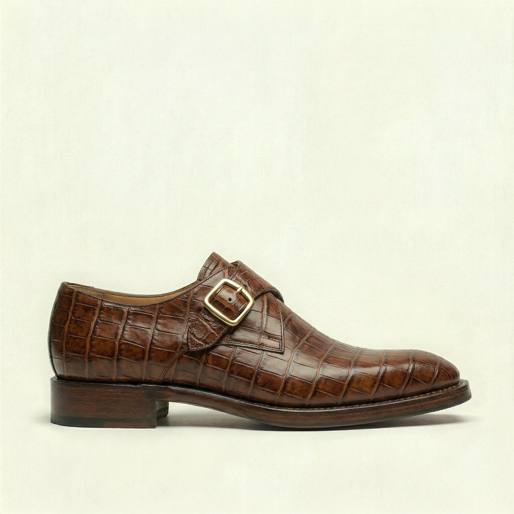 Brown Croc Print Leather Lucente Single Monk Strap Shoes