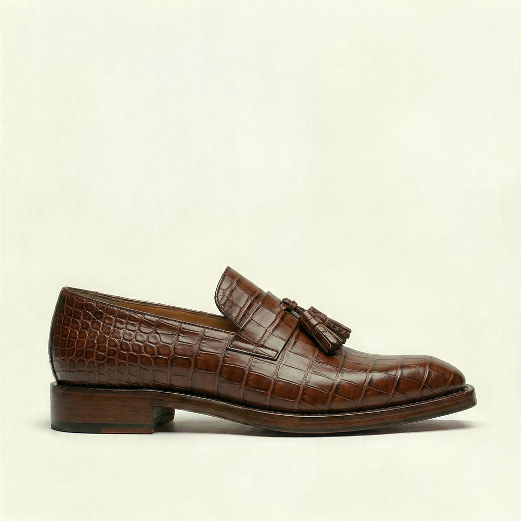 Brown Croc Print Leather Lucente Tassel Loafers