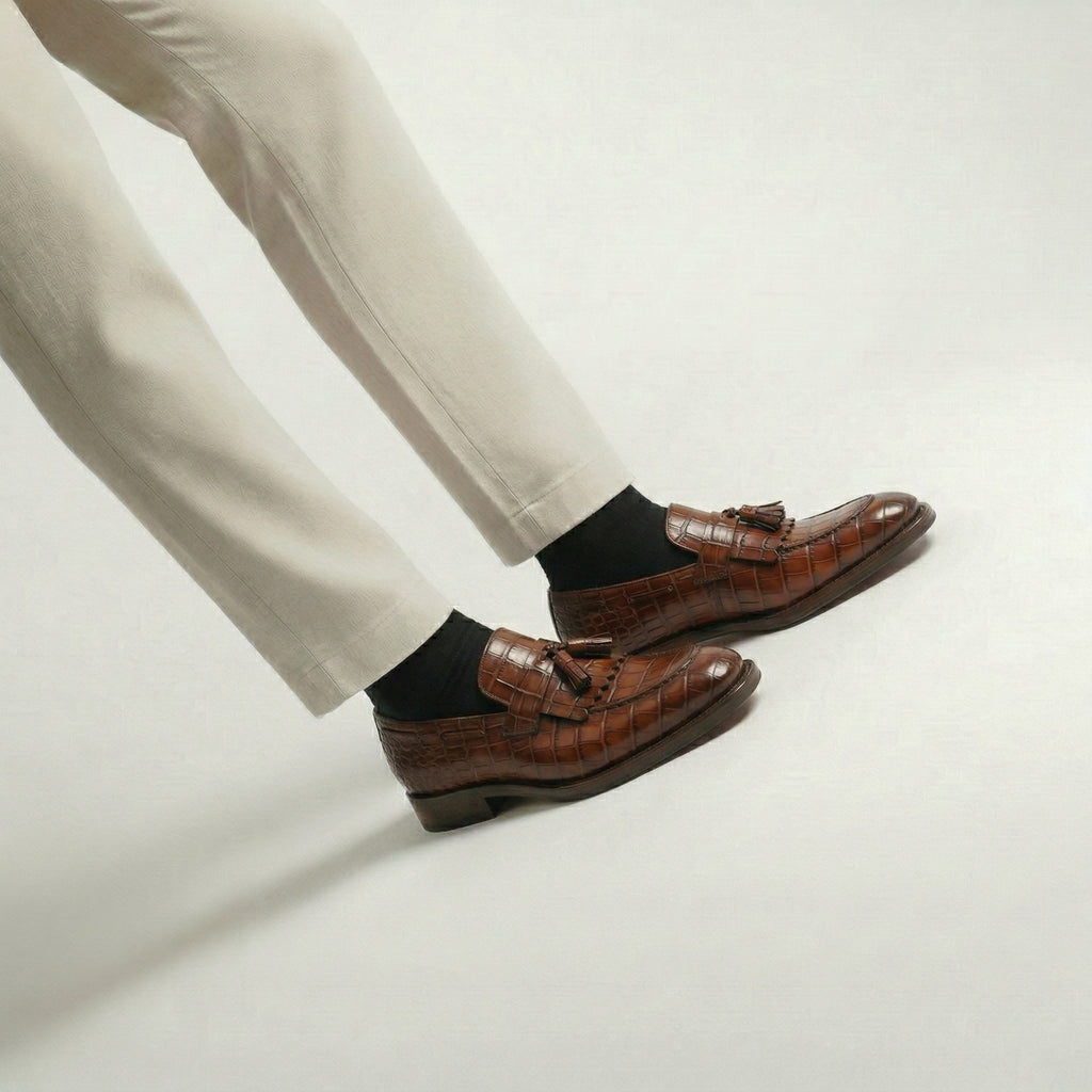 Brown Croc Print Leather Lucente Tassel Loafers