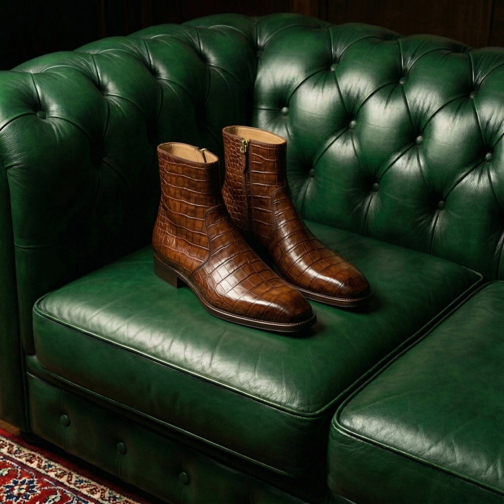 Brown Croc Print Leather Lucente Zipper Boots