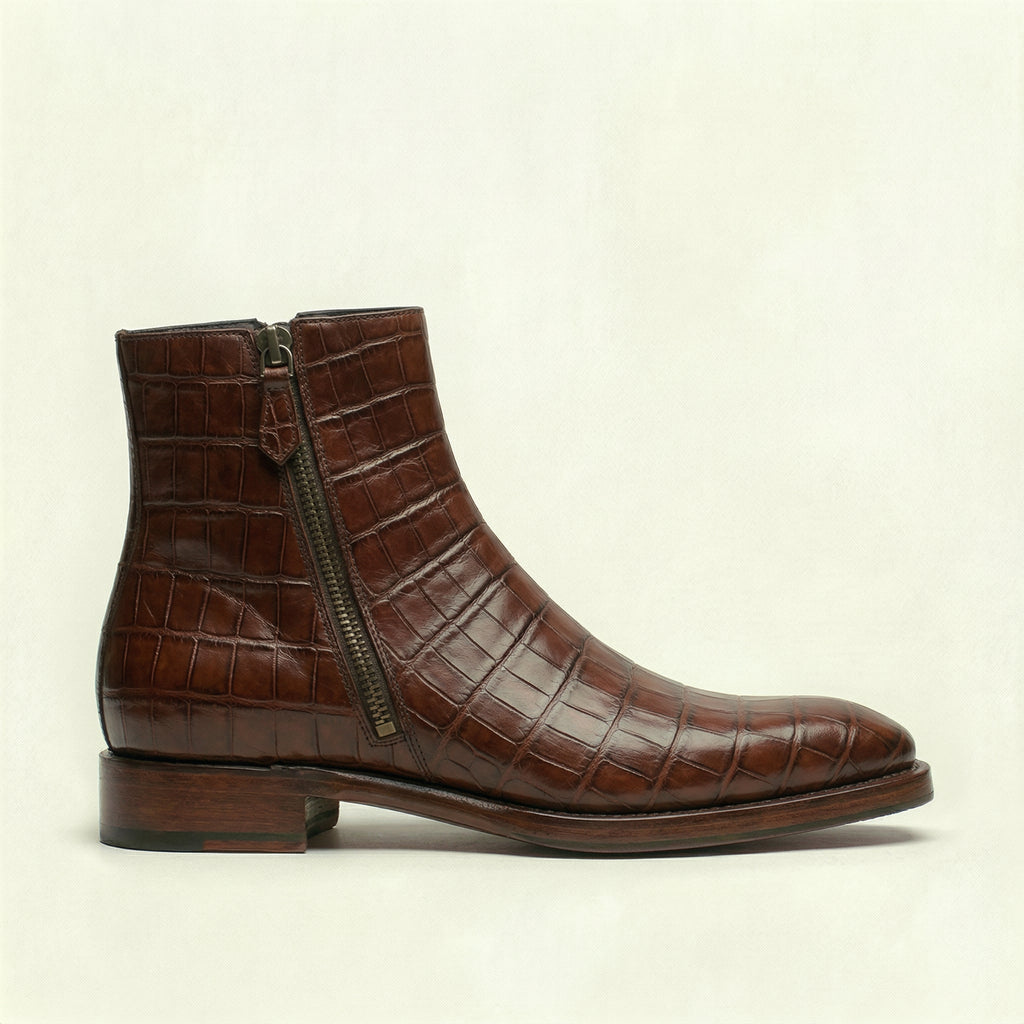 Brown Croc Print Leather Lucente Zipper Boots