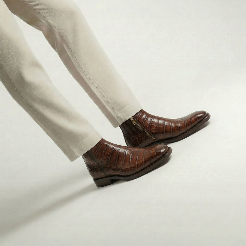 Brown Croc Print Leather Lucente Zipper Boots