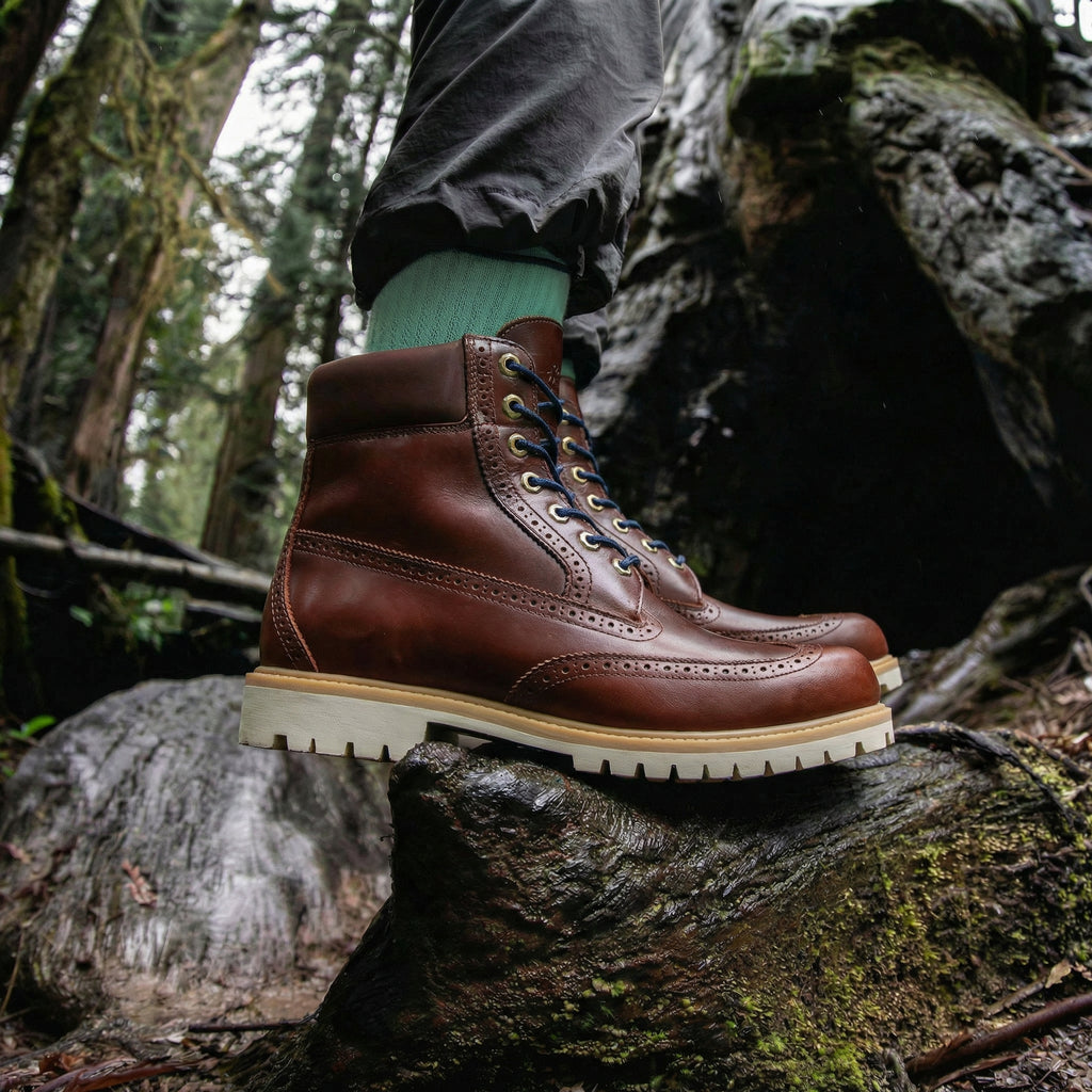 Burgundy Leather wingtape Selvaggio Ankle Lace Up Combat Hiking Boots with Chunky Track Sole