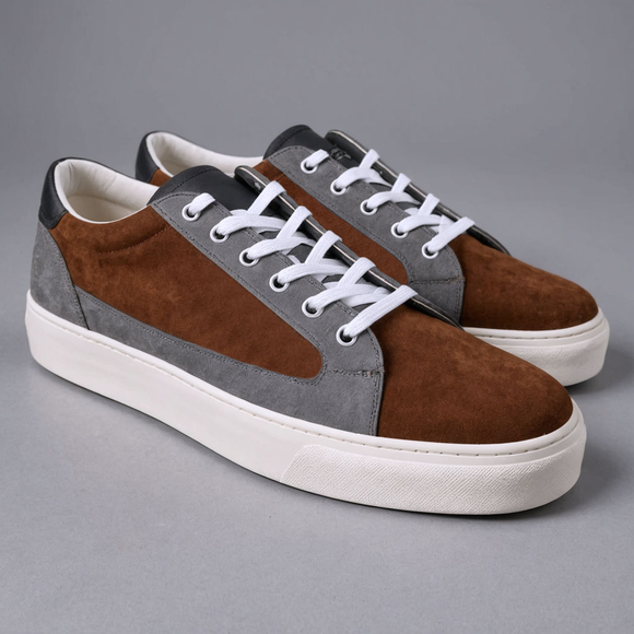 Grey & Brown Leather Street Sprint Lace-Up Sneakers with Honey Colour Sole - Summer 2024 Collection