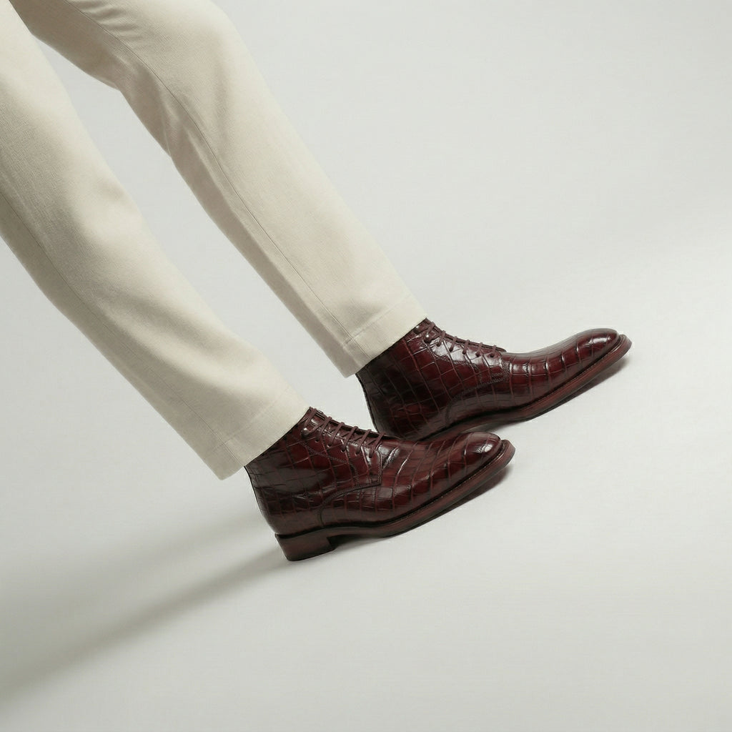 Burgundy Croc Print Leather Lucente Derby Boot