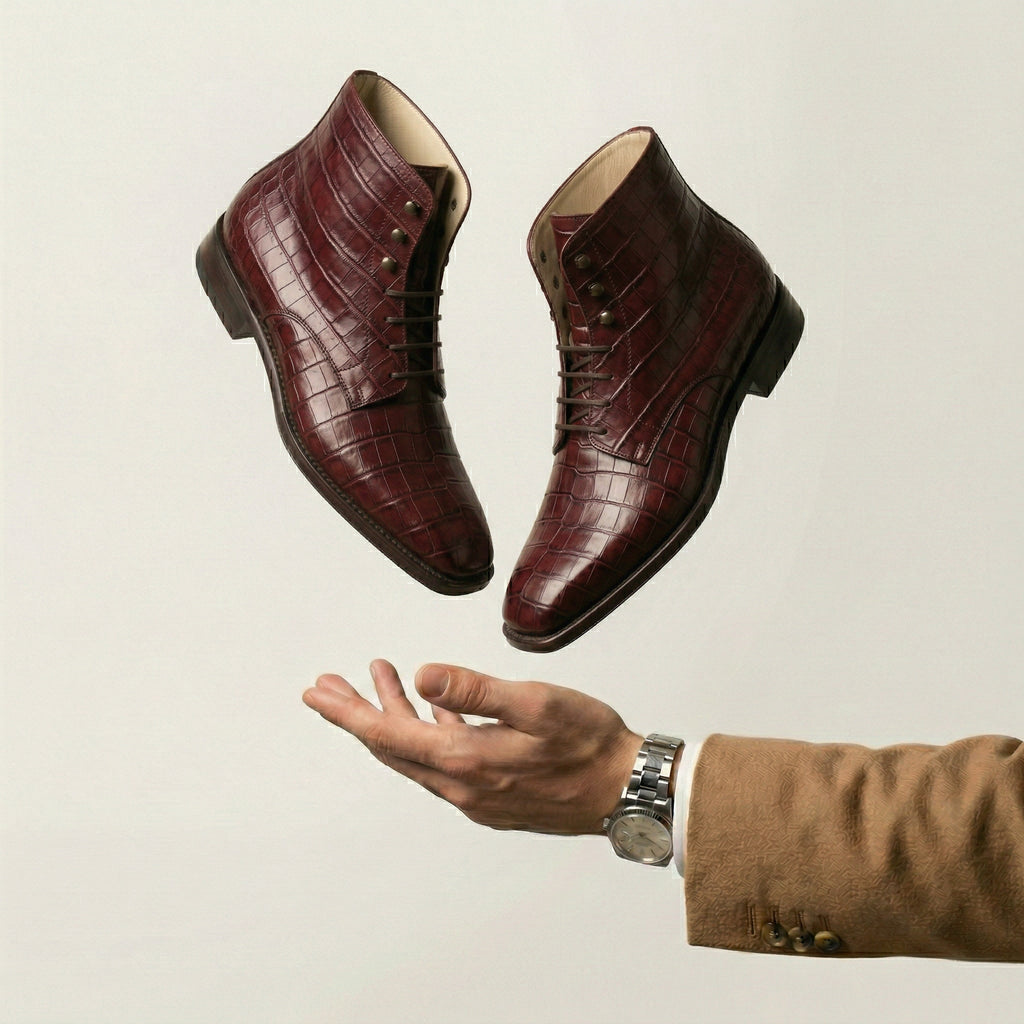 Burgundy Croc Print Leather Lucente Derby Boot