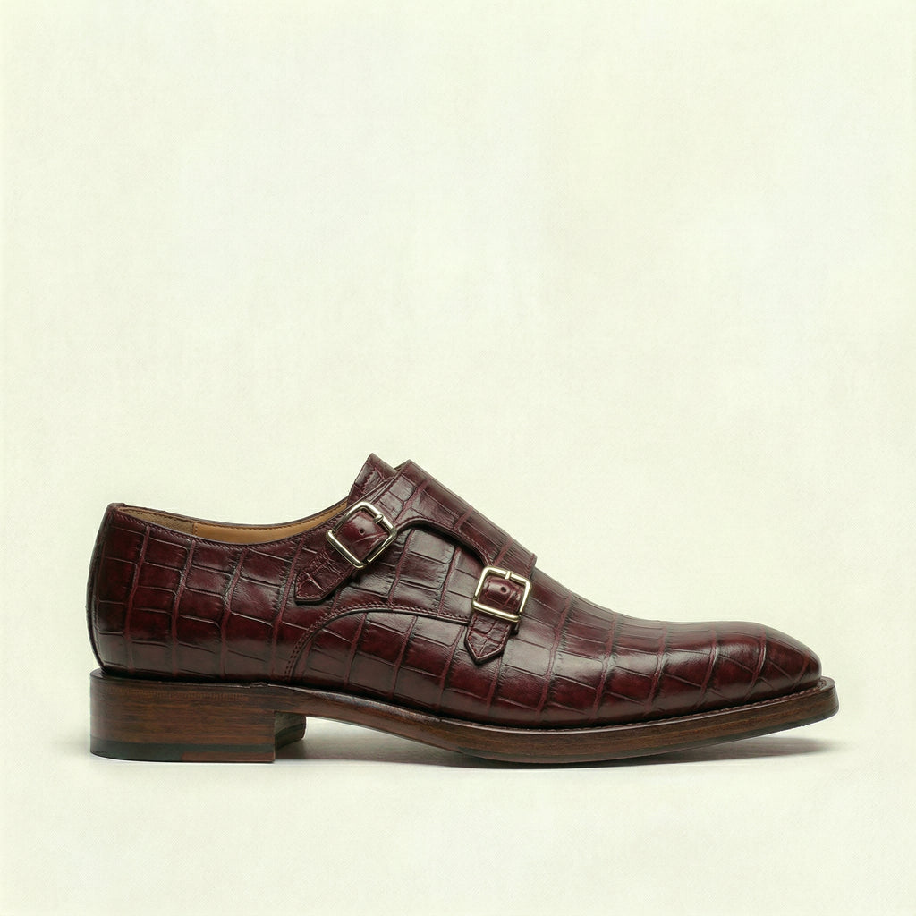 Burgundy Croc Print Leather Lucente Double Monk Strap Shoe