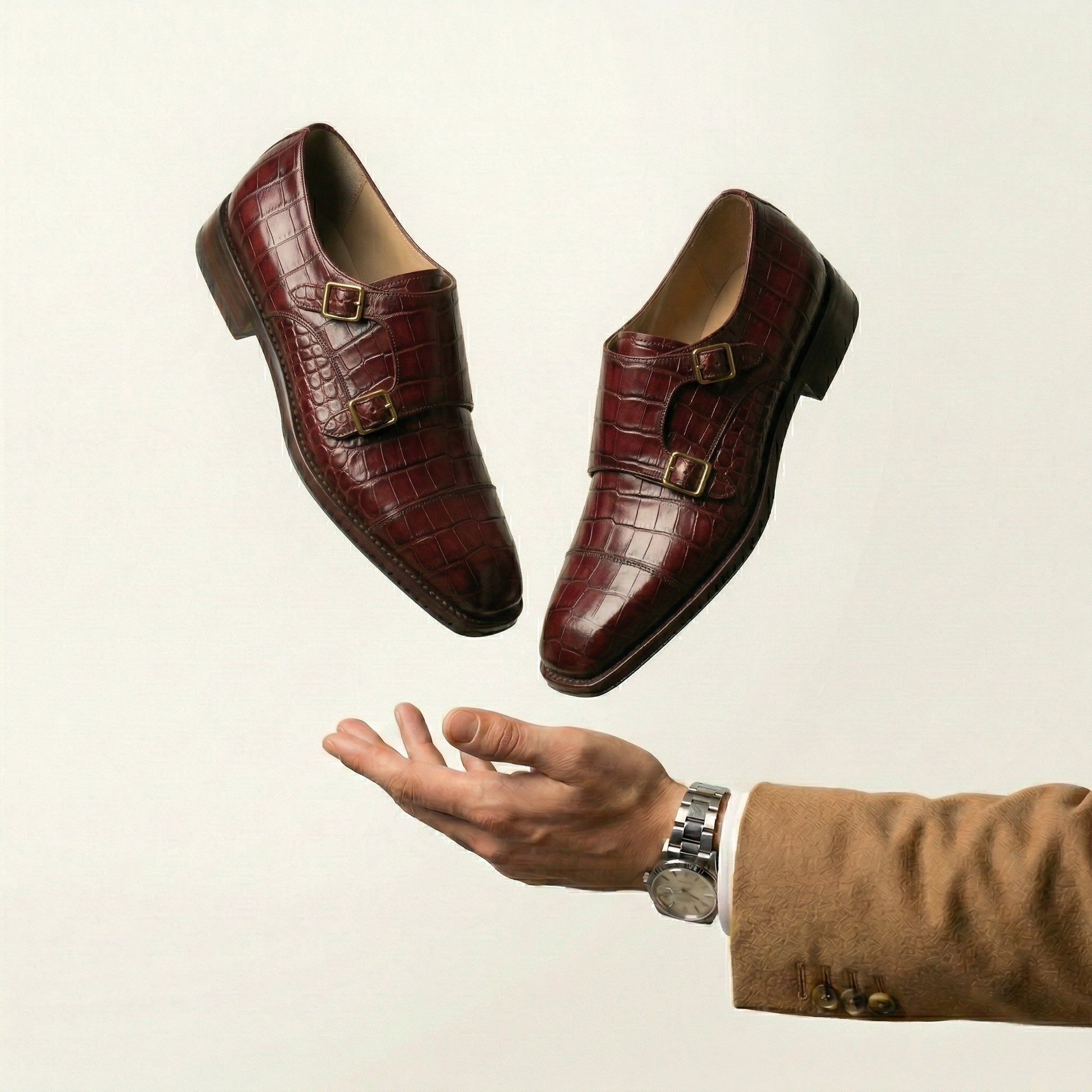 Burgundy Croc Print Leather Lucente Double Monk Strap Shoe