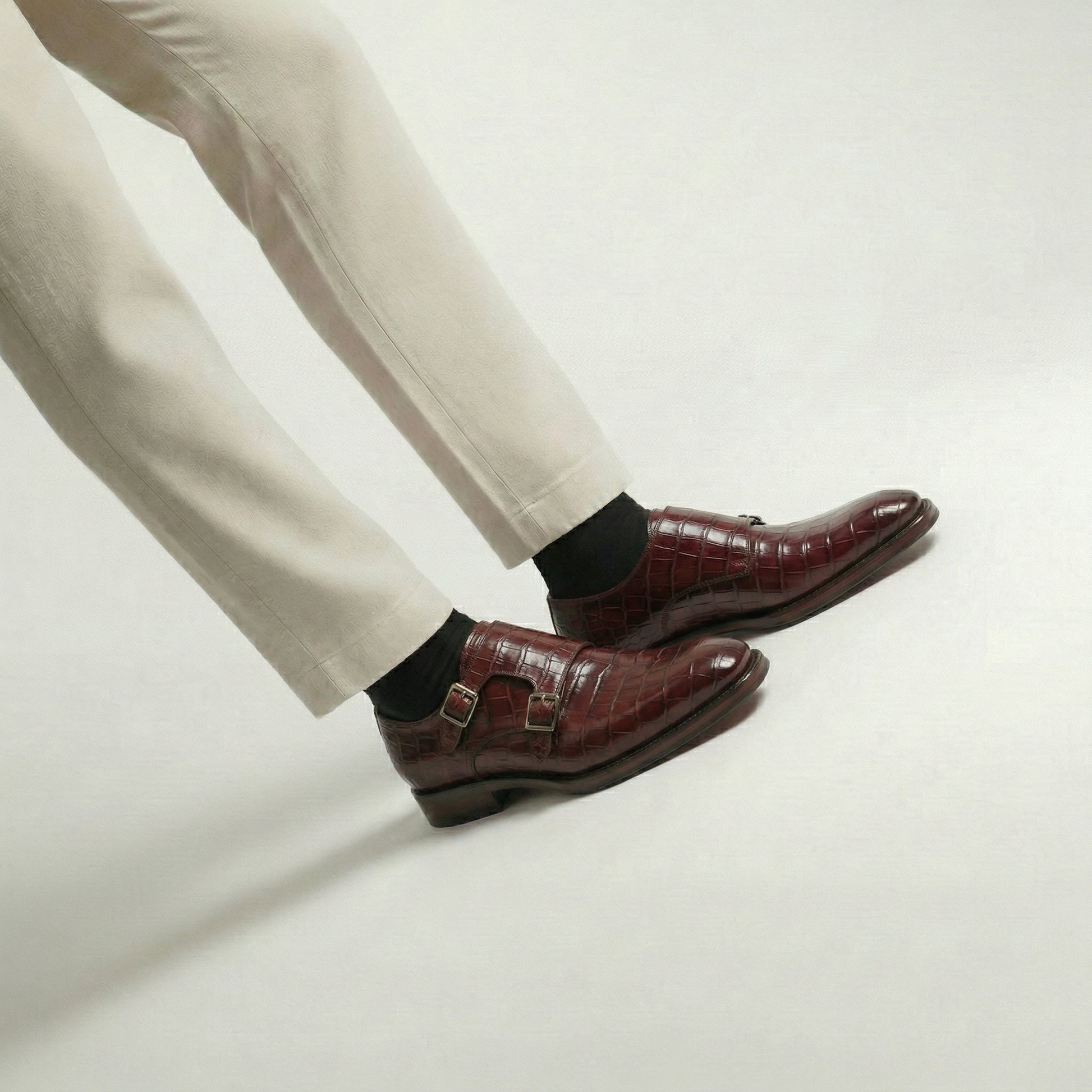 Burgundy Croc Print Leather Lucente Double Monk Strap Shoe